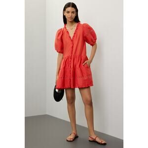 SEA NEW YORK Red 100% Cotton Antonina Puff Sleeve V-Neck Midi Dress Size Small